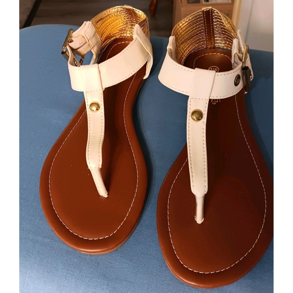 Palms Size 7.5 White And Gold‎ Ankle Adjustable Summer Sandal Shoes Flat